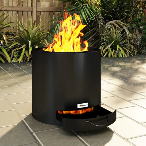 Outsunny Outdoor Round Fire Pit with Ash Tray, Wood Burning Firepit with Fire Poker for Patio Bonfire BBQ Camping, Black - Image 6