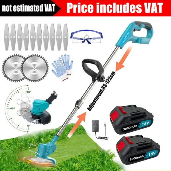 Cordless Strimmer Adjustable Garden Strimmer 2x3.0Ah Battery Strimmer with 2 Metal Blades 10 Plastic Blades replace for Makita