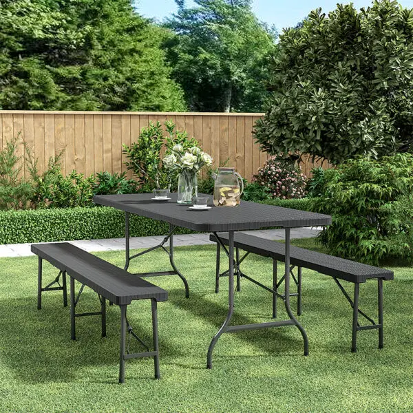 Voltsify Outdoor Rattan-Style Folding Table & 2 Benches Set, Weather-Resistant Plastic, Metal Patio Furniture for Garden