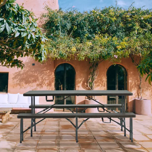 Voltsify Outdoor Rattan-Style Folding Table & 2 Benches Set, Weather-Resistant Plastic, Metal Patio Furniture for Garden - Image 3