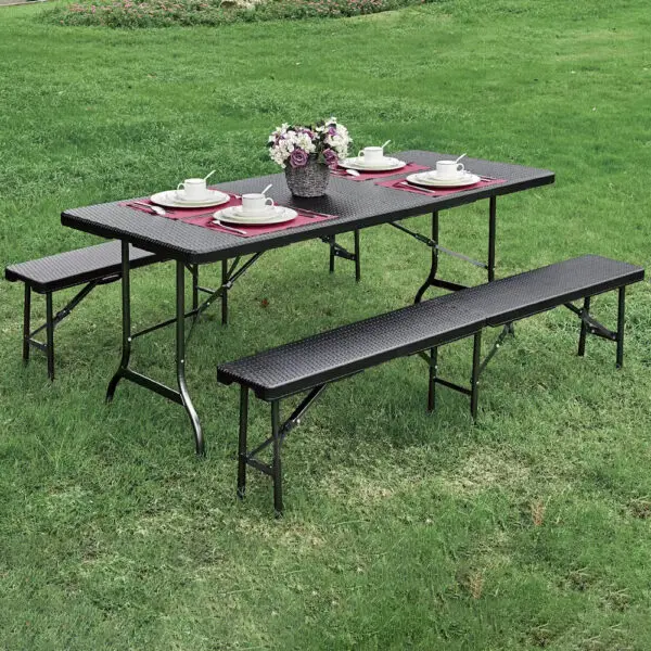 Voltsify Outdoor Rattan-Style Folding Table & 2 Benches Set, Weather-Resistant Plastic, Metal Patio Furniture for Garden - Image 4
