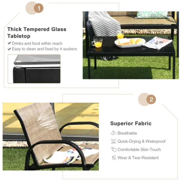 GOFLAME 4-Piece Patio Furniture Set with 2 Chairs & Glass Coffee Table-Brown - Image 5