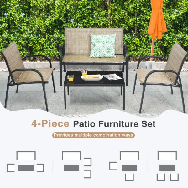 GOFLAME 4-Piece Patio Furniture Set with 2 Chairs & Glass Coffee Table-Brown - Image 6