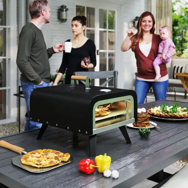 Outsunny Outdoor Tabletop Gas Pizza Oven, 12" Stone & Peel, Portable with Thermometer, Foldable Legs, Handle, Gas Hose, Black