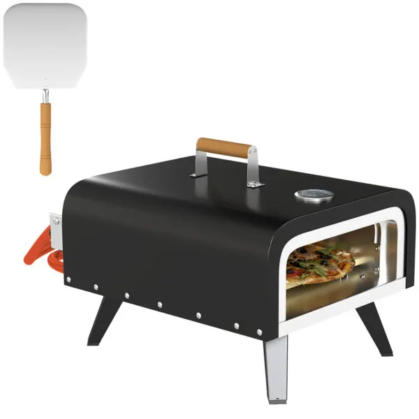Outsunny Outdoor Tabletop Gas Pizza Oven, 12" Stone & Peel, Portable with Thermometer, Foldable Legs, Handle, Gas Hose, Black - Image 2
