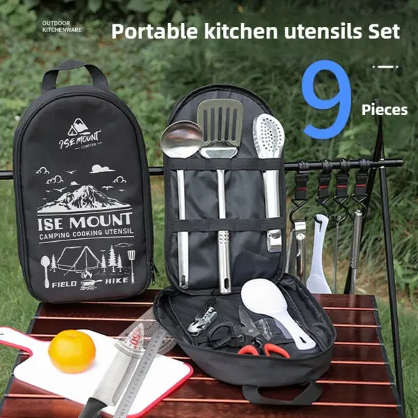 ISE MOUNT Camping Kitchen Cookware Set Travel Utensils Set 9pcs Stainless Steel Kitchenware for Backpacking BBQ Camping Picnic