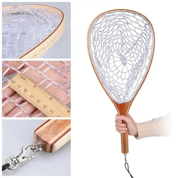 Landing Fish Net Fishing Hand Nets with Clear Rubber Mesh Netting Wooden Handle Fly Fishing Equipment for Catch and Release - Image 2