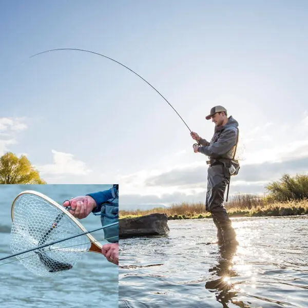 Landing Fish Net Fishing Hand Nets with Clear Rubber Mesh Netting Wooden Handle Fly Fishing Equipment for Catch and Release - Image 4