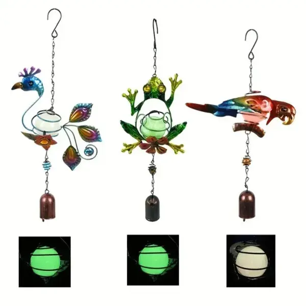 1pc Luminous Metal Wind Chime Pendant Hanging Creative Peacock Frog Parrot Wind Chime Home Garden Decoration Yard Pendant