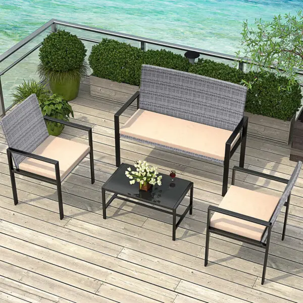 bigzzia Garden Furniture Set Outdoor Corner Sofa Couch 4pcs Handwoven Rattan Patio Conversation Set, Cushions and Glass Table - Image 6
