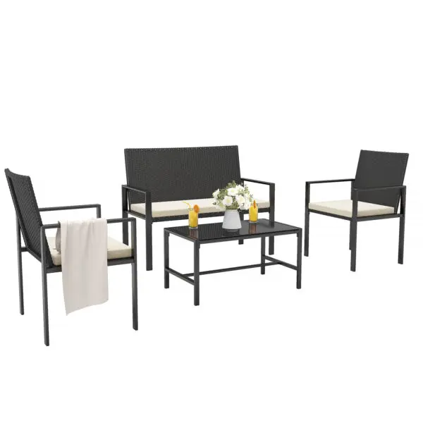 bigzzia Garden Furniture Set Outdoor Corner Sofa Couch 4pcs Handwoven Rattan Patio Conversation Set, Cushions and Glass Table - Image 7