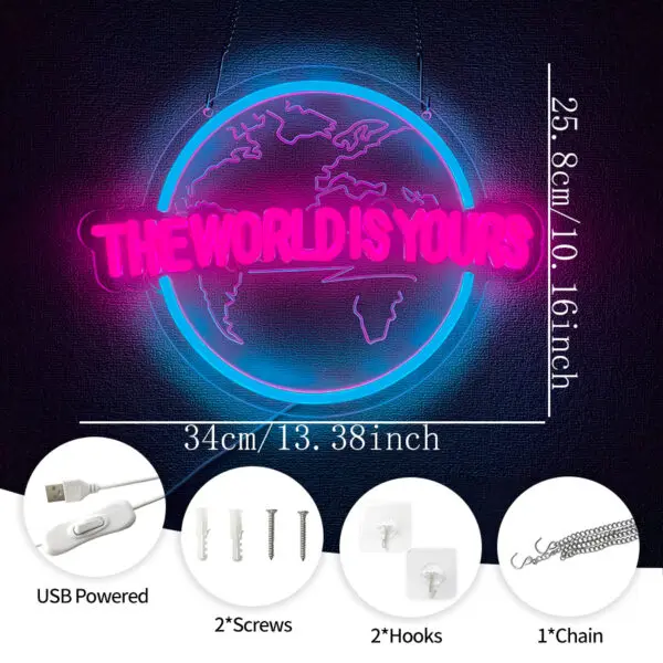 The World Is Yours Led Neon Sign, Earth-Shaped Sign 3D Sculpture, Used For Bedroom, Club And Game Room Decor, Powered By Usb. - Image 2