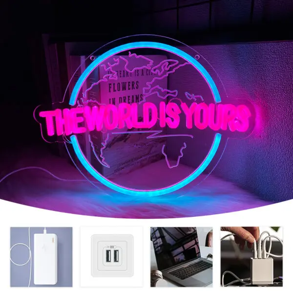 The World Is Yours Led Neon Sign, Earth-Shaped Sign 3D Sculpture, Used For Bedroom, Club And Game Room Decor, Powered By Usb. - Image 4