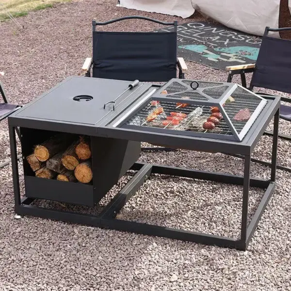 Outdoor Fire Pits Fire Firewood HeaterCourtyard Grill Stand Rectangular Detachable Stove Barbecue Table with Covered Brazier - Image 3