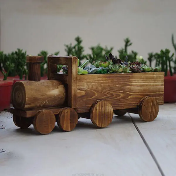 Retro Wooden Train Flower Pot Succulent Plant Potted Bonsai Planter Home Garden Decor 85AC