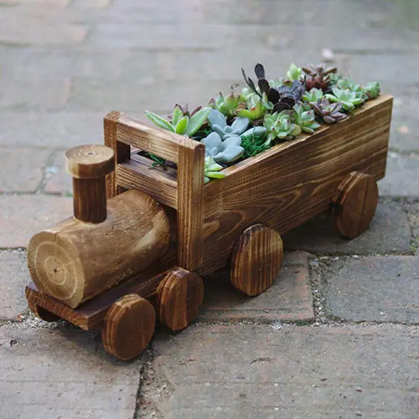 Retro Wooden Train Flower Pot Succulent Plant Potted Bonsai Planter Home Garden Decor 85AC - Image 2
