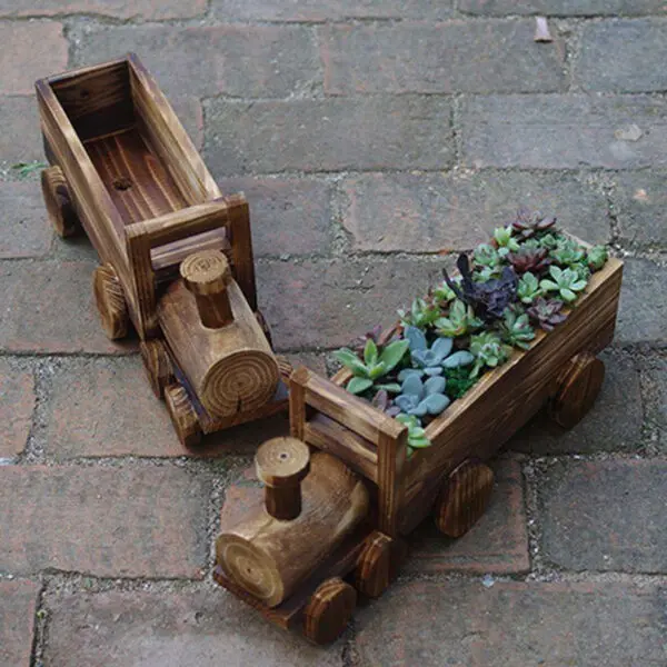 Retro Wooden Train Flower Pot Succulent Plant Potted Bonsai Planter Home Garden Decor 85AC - Image 3