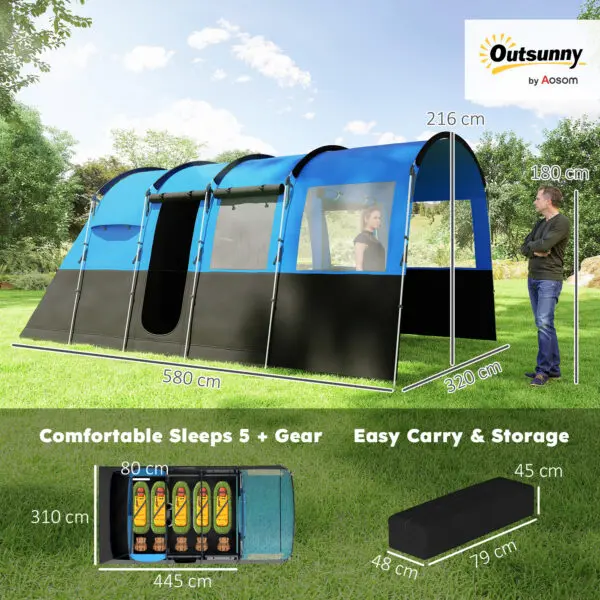 Outsunny 8-Person Camping Tent, Waterproof Family Tent, Tunnel Design, 3000mm Water Column, Blue - Image 4