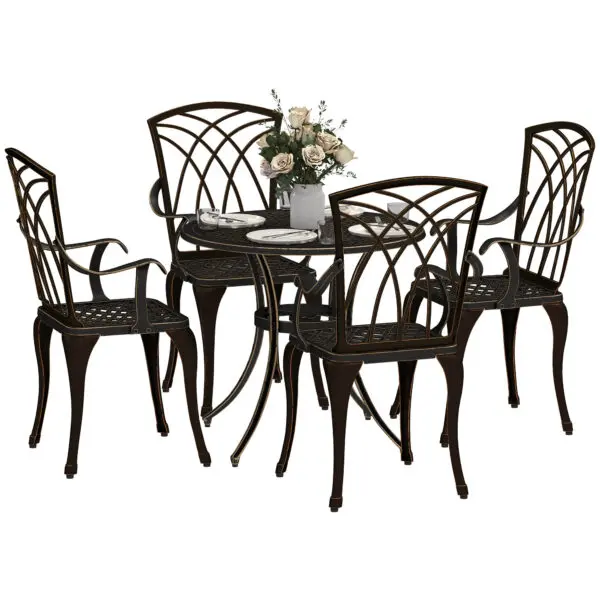 Outsunny 5 Pieces Garden Dining Set for 4, Cast Aluminium Outdoor Dining Set with 4 Armchairs, Bronze Tone