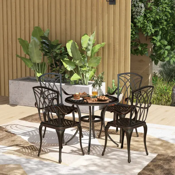 Outsunny 5 Pieces Garden Dining Set for 4, Cast Aluminium Outdoor Dining Set with 4 Armchairs, Bronze Tone - Image 2