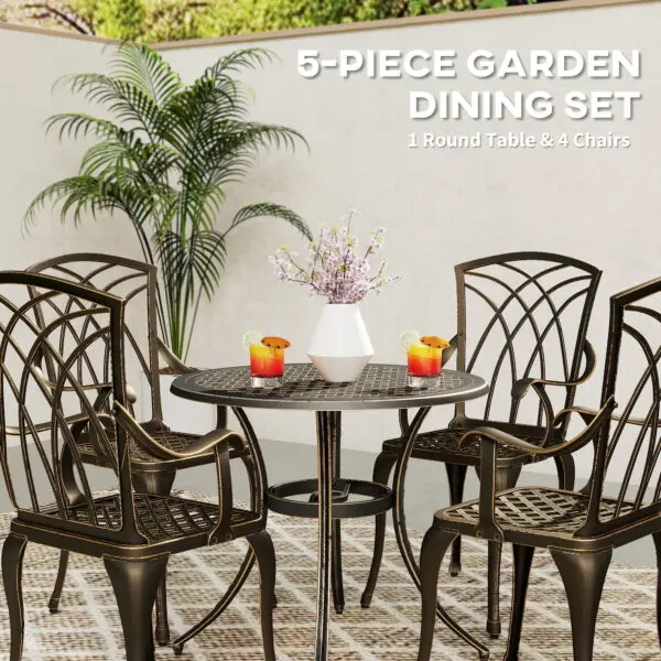 Outsunny 5 Pieces Garden Dining Set for 4, Cast Aluminium Outdoor Dining Set with 4 Armchairs, Bronze Tone - Image 4