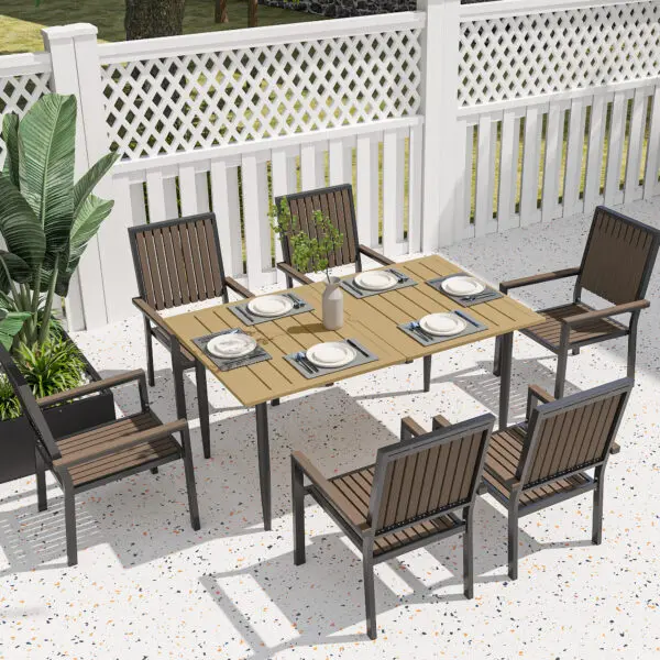 Outsunny Garden Dining Table for 6 Person with Parasol Hole, Brown - Image 3