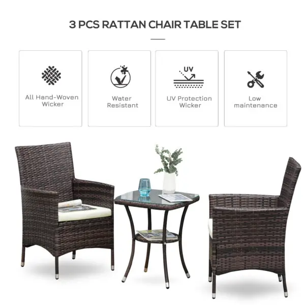 Outsunny Rattan Bistro Set Garden Chair Table Patio Outdoor, Brown - Image 4