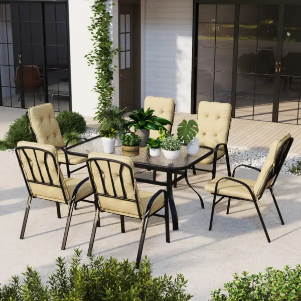 Outsunny 7 Pieces Garden Dining Set, Outdoor Dining Set with Cushions, Tempered Glass Top Table