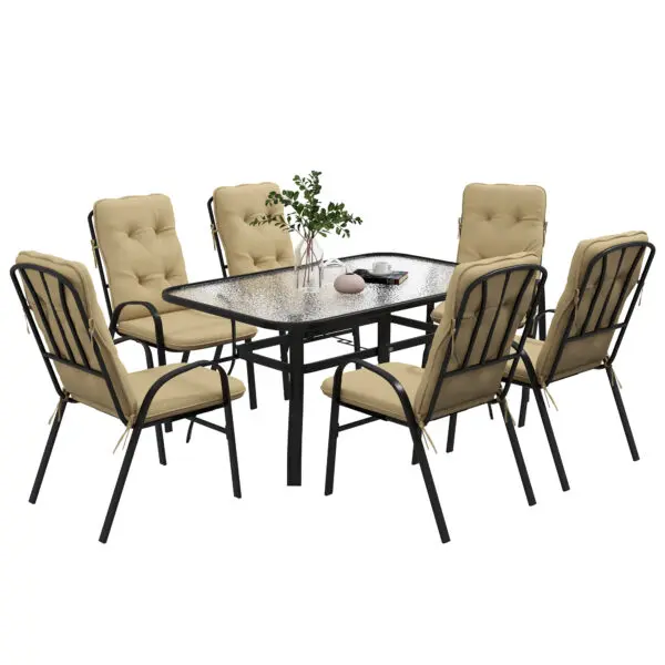 Outsunny 7 Pieces Garden Dining Set, Outdoor Dining Set with Cushions, Tempered Glass Top Table - Image 2